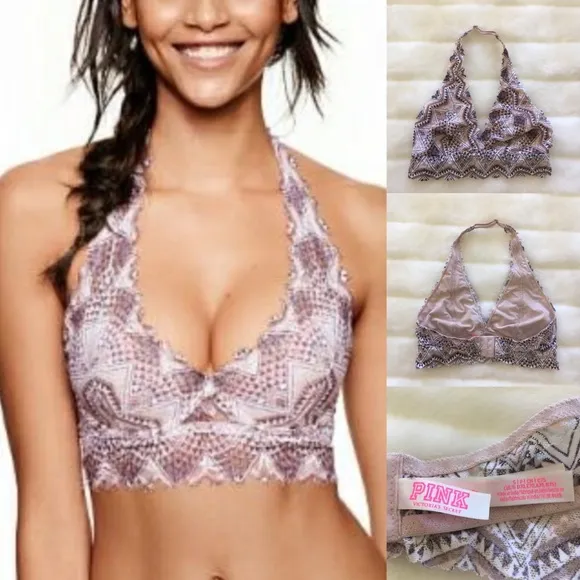 VS Pink Geo Print Halter Lace Bralette - Image 2