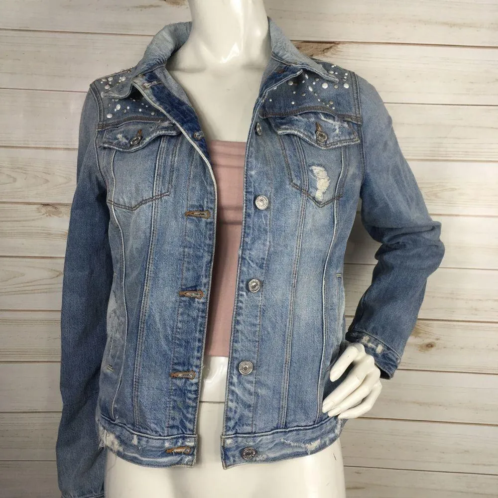 7 for All Mankind Pearl Embellished Distressed Denim Jacket - Image 6