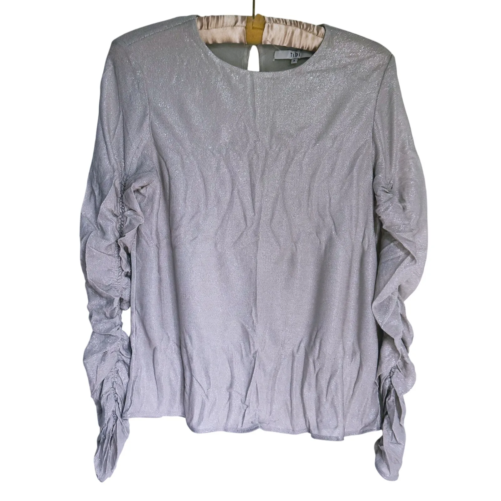 Tibi Old Money Glam Shimmer Ruched Long Sleeve Top 8 Silver Party Sparkly Luxury - Image 2