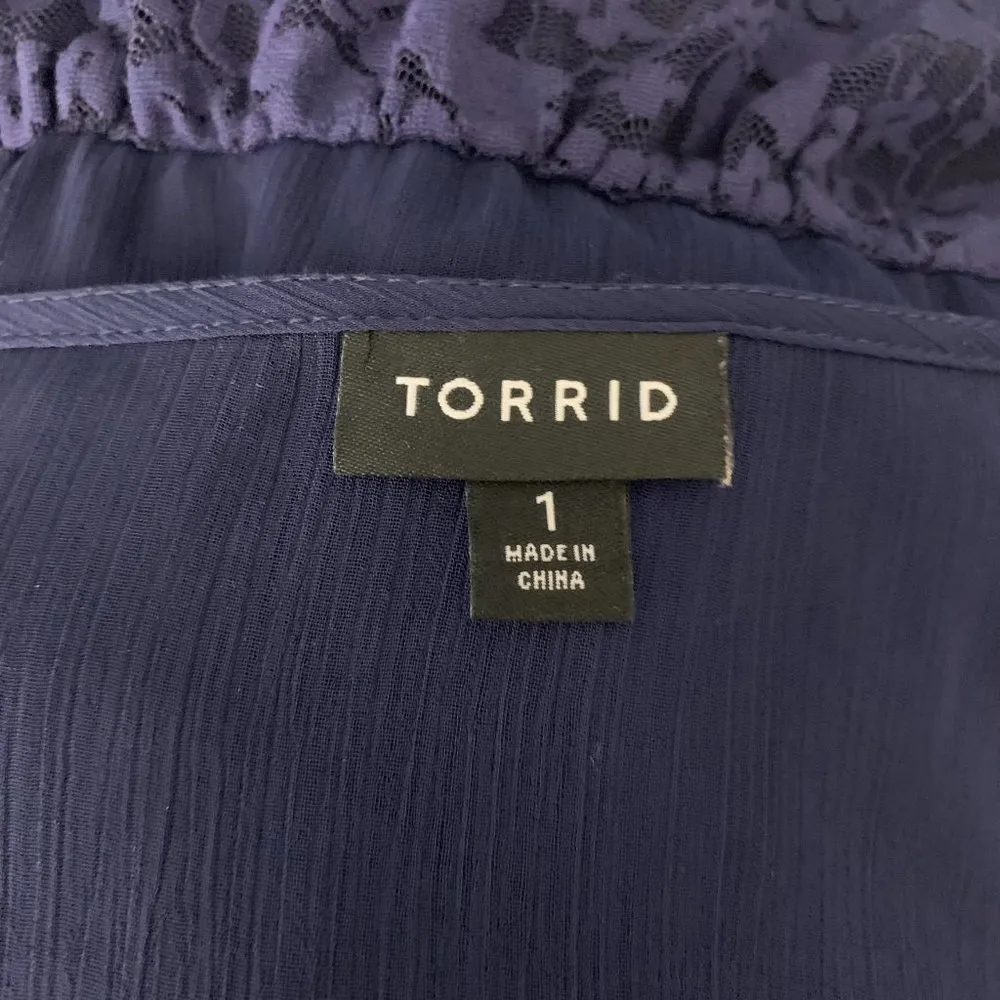 Torrid Lace Inset Chiffon Dress XL Blue Short Sleeves V Neck Elastic Waist - Image 6