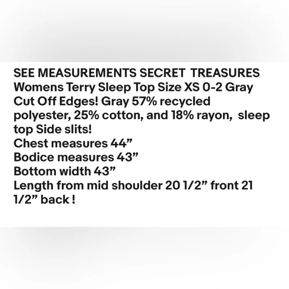 SECRET  TREASURES Womens Terry Sleep Top Size XS 0-2 Gray  Cut Off Edges New - Image 7
