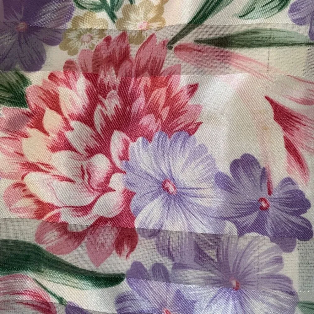 Vintage 80s Blouse Satin White Pink Pastel Floral Button Detail Sheer Striped White Size 14 - Image 9