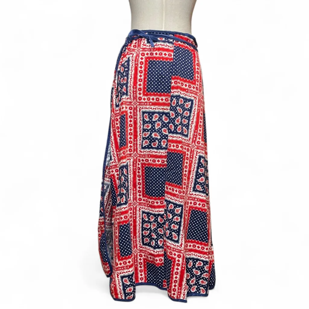 Vintage Americana Red Blue Bandana Floral Paisley Print Wrap Maxi Skirt OS Size undefined - Image 7
