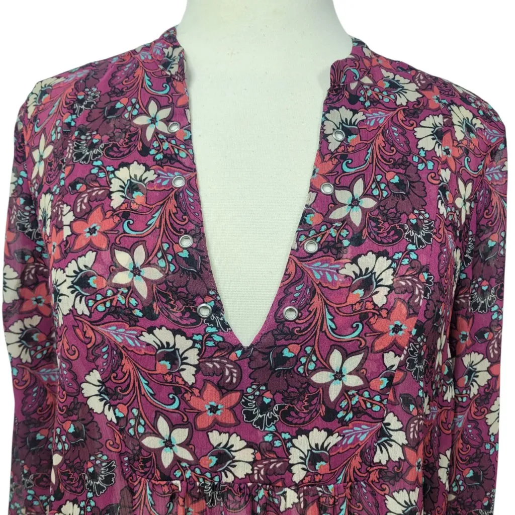 Hollister Floral Sheer Chiffon Boho Blouse Size Small Long Sleeve Peasant Top - Image 2