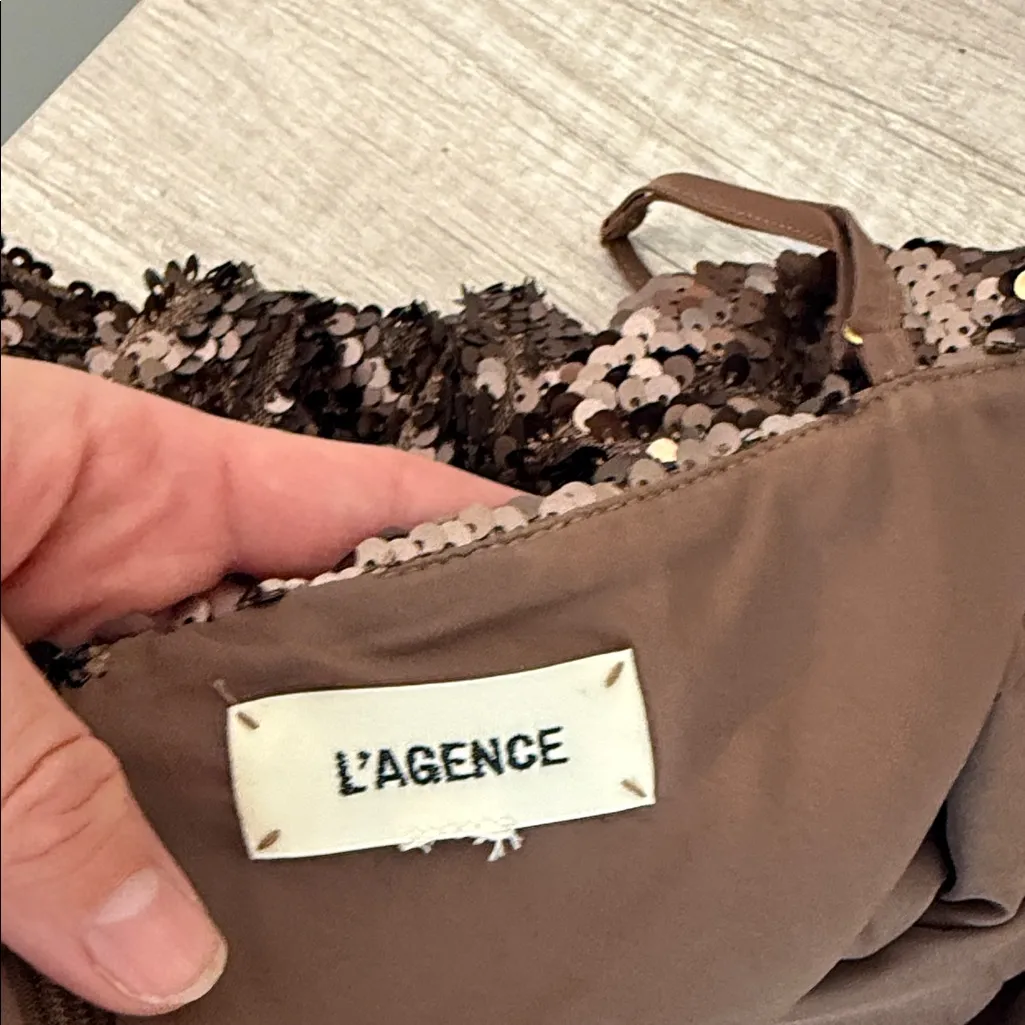 L'AGENCE Bronze brown spaghetti strap Sequin mini dress - Image 4