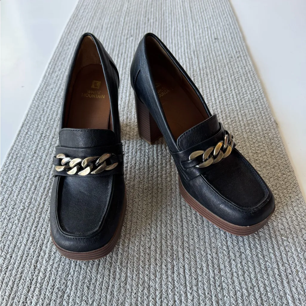 White Mountain Manning Block Heel Square Toe Loafers Black w Brass Detail Sz 8.5 - Image 10