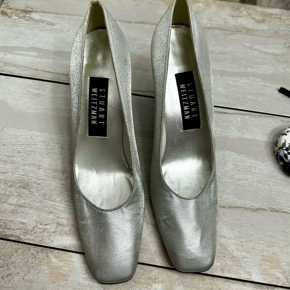 Vintage Stuart Weitzman Women Sz 6 1/2B Heels Silver Shimmer Sparkly Mid-Mod - Image 9