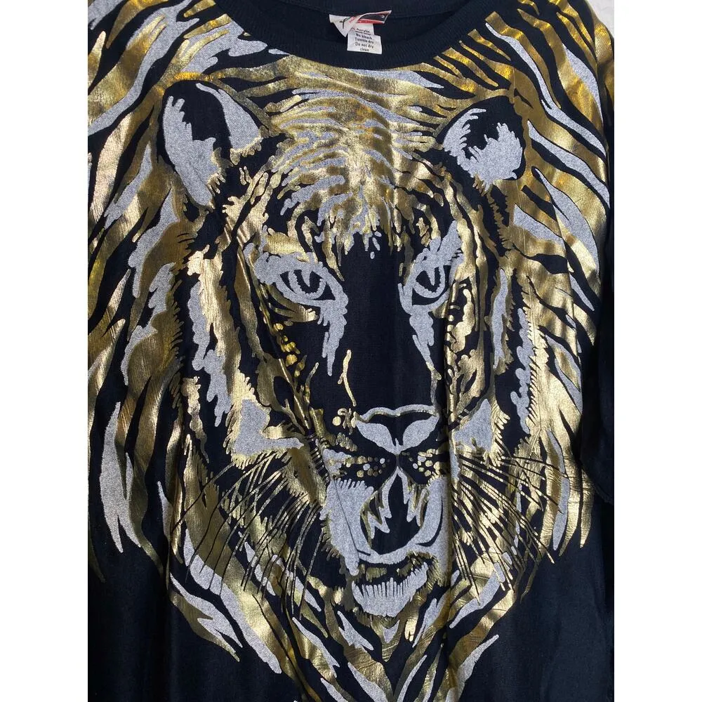 Vintage 80’s Plumo Metallic Gold Tiger Print Top Lightweight Statement EUC Sz M Black Size M - Image 4