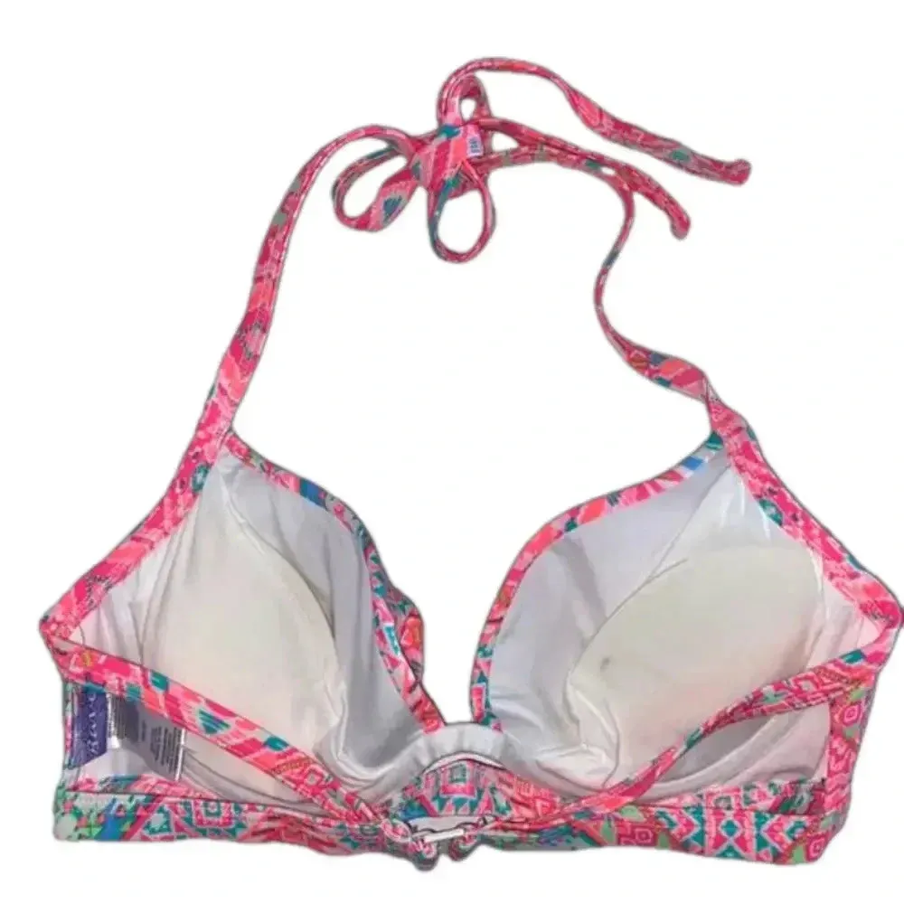 NWT  34B/C halter push-up bikini top bright ruched pink orange - Image 4