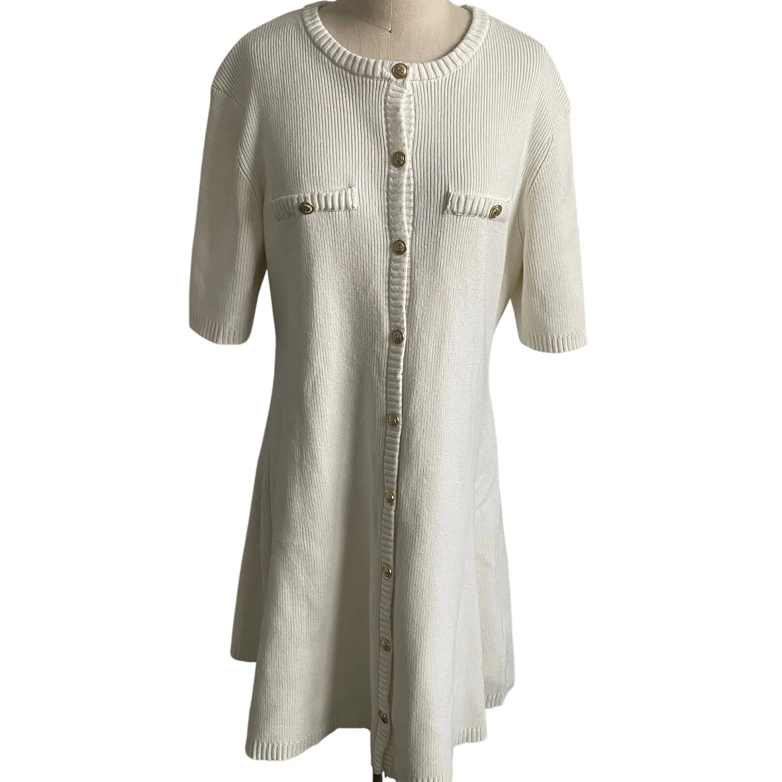 H&M Viral Old Money Rib Knit Fitted Button Mini Dress Off White Cotton - Image 2