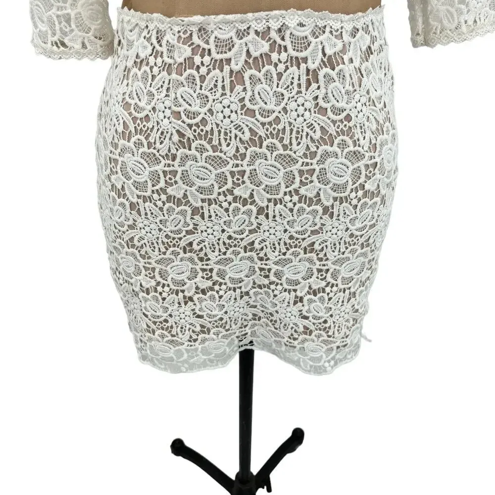 Hello Molly White Lace Crochet Illusion Cutout Mini‎ Bodycon Dress Size 8 - Image 4