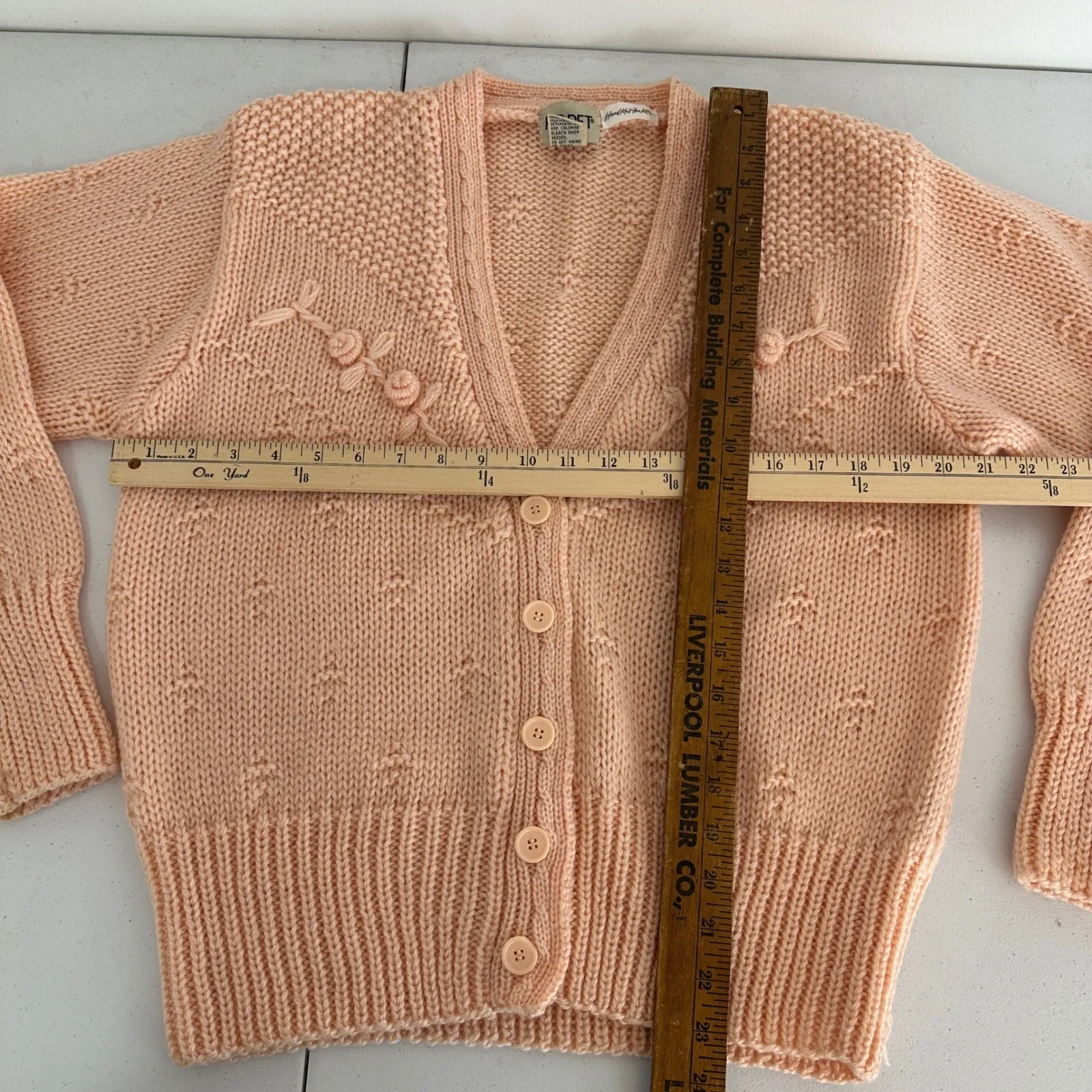 Vintage Koret‎ Hand Knit Cardigan Sweater Peach Floral Applique Wool Women Large Pink - Image 8