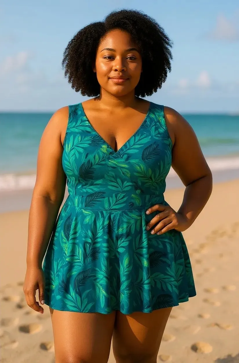 Summer Mae 3XL Swim Dress One Piece Swimsuit Tropical Leaf Print Green Size undefined - Image 2