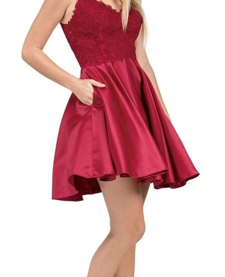 Dancing Queen NEW XS Spaghetti Straps Burgundy Lace Bodice Short Dress w/pocket - Image 2