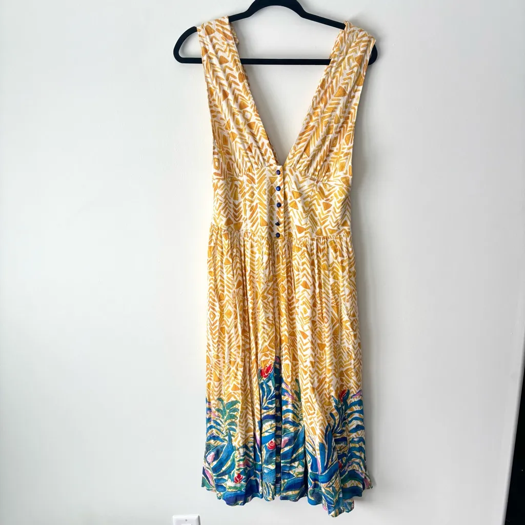 Free People Hot House Yellow Blue Tropical Midi Dress Boho Hippie Flowy Deep V - Image 2