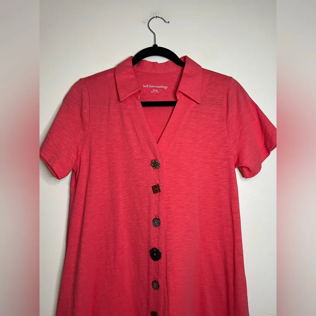 Soft Surroundings Coral Button Front Dress XS Asymmetrical Hem Mixed Buttons - Image 4
