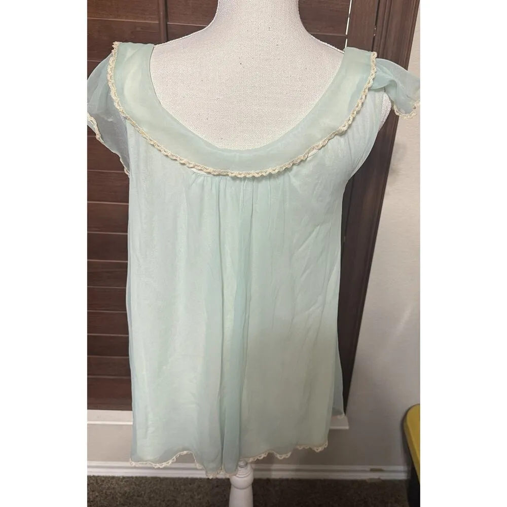 VTG Artemis nightgown Green Nylon Babydoll nightie shirt sz M top 60s Chiffon Blue Size M - Image 5