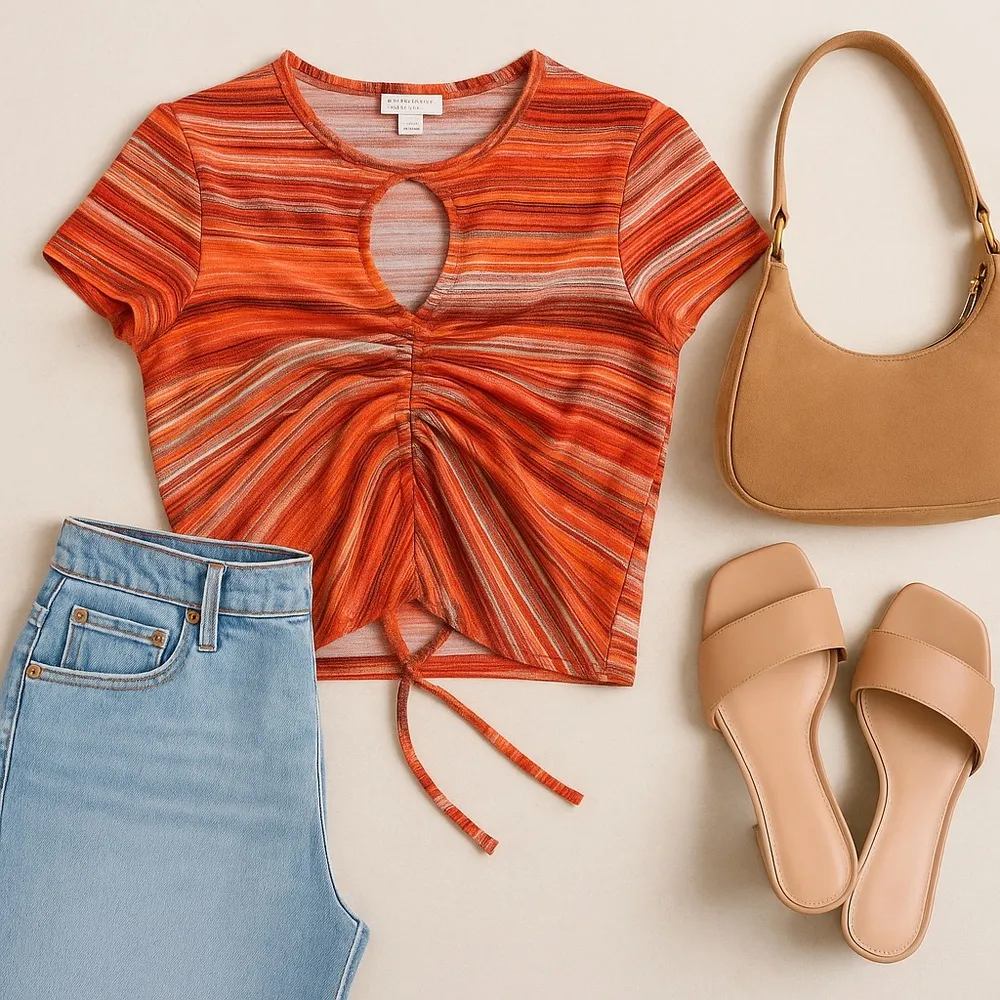 NWOT ASOS Topshop glitter Striped keyhole crop Orange Silver Ruched Top Sz 4-6 - Image 2