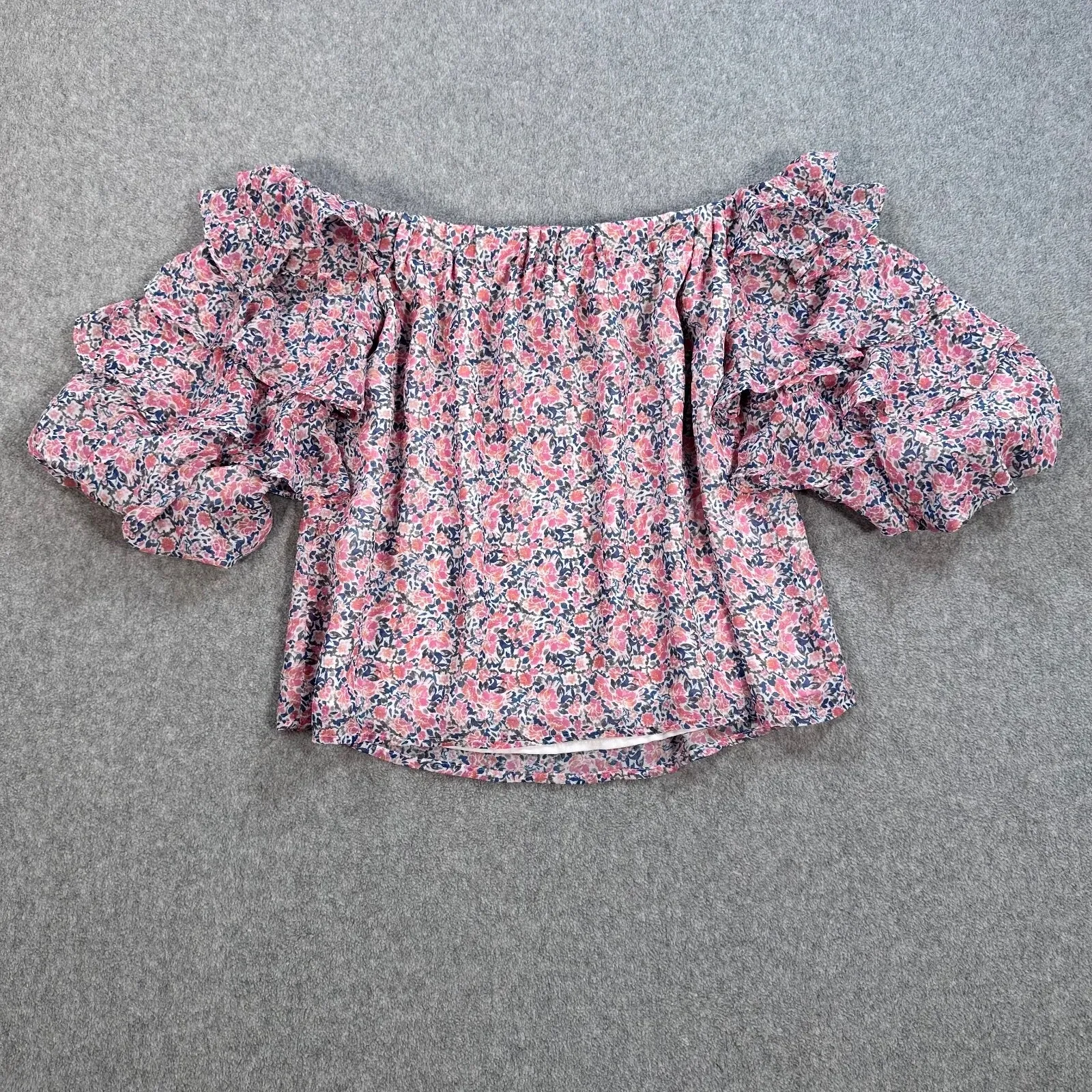 1.State Off SHoulder Halter Top Women's X-Small Blue Floral Tiered Ruffle Sleeve - Image 9