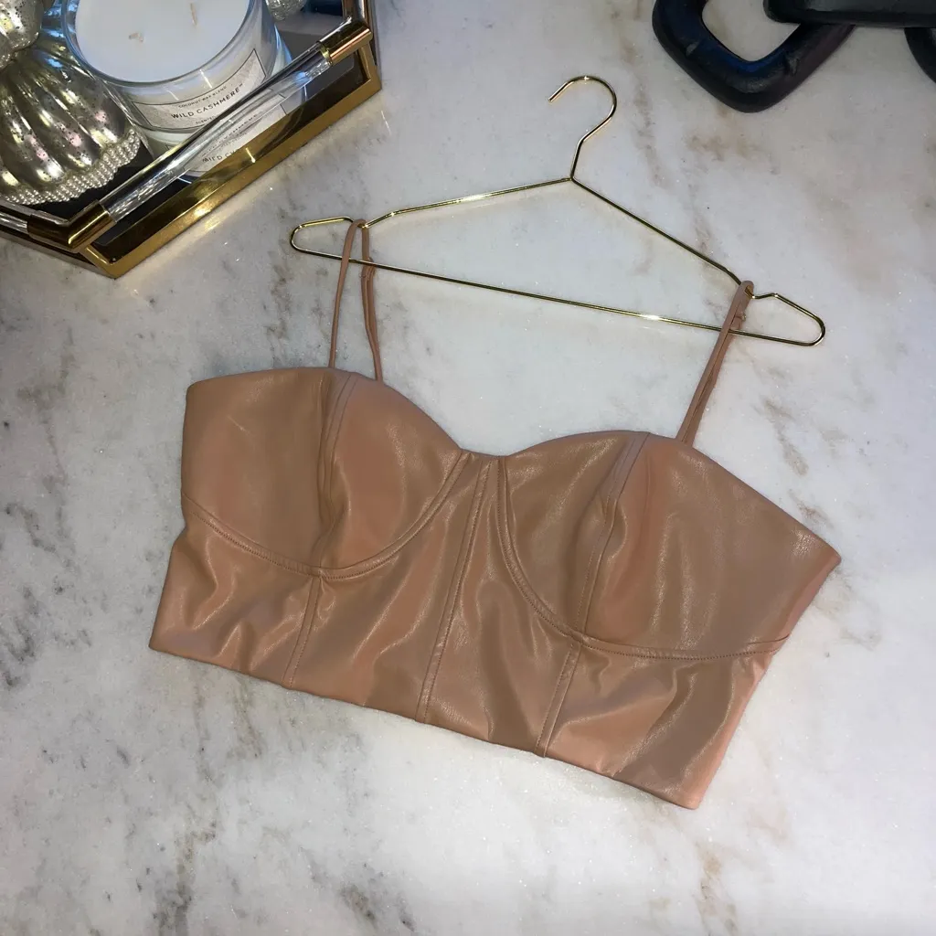 Express Body Contour Faux Leather Corset Cropped Top in Beige Tan Nude - Image 2