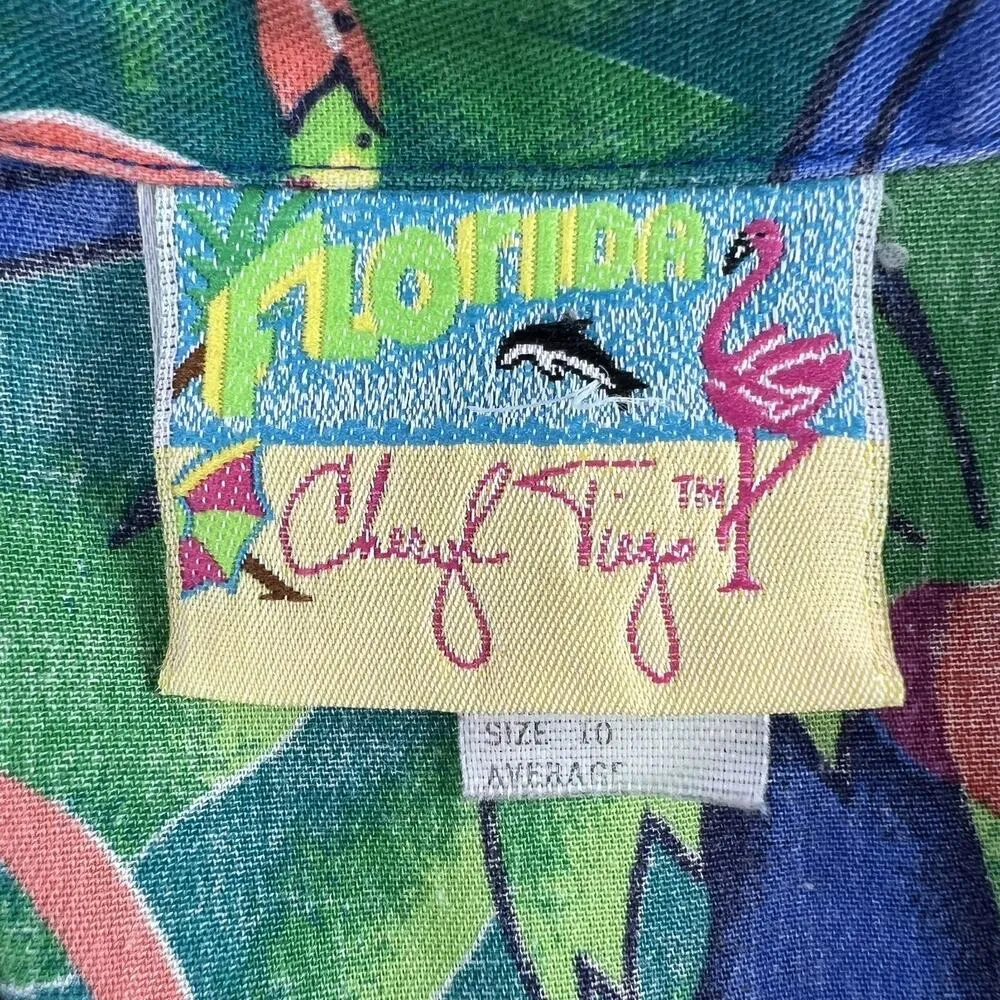 Vtg Sz 10 Florida Cheryl Tieg Shirt Blue Flamingo Palm Hawaiian 90s USA Resort - Image 4