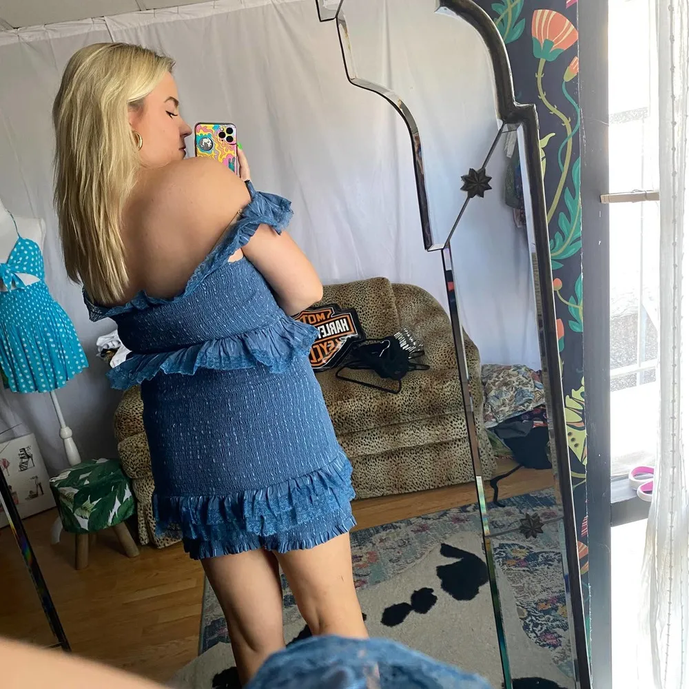 Tularosa Teri Off The Shoulder Smocked Ruffle Mini Dress Blue Size XL - Image 77