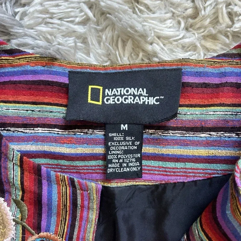 National Geographic Purple Patchwork Open Front Silk Boho Blazer Sz Medium M - Image 4