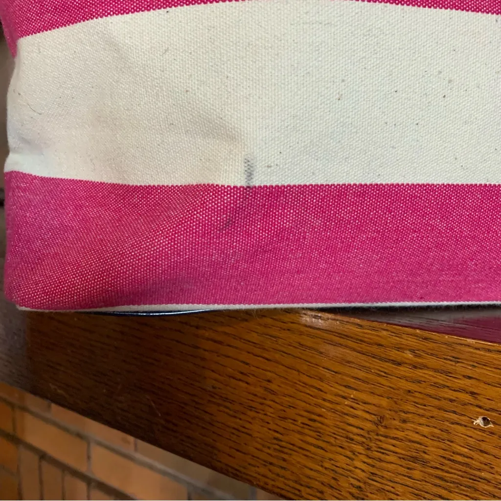 TOMMY HILFIGER PINK, BLUE AND OFF WHITE STRIPED CANVAS & FAUX LEATHER TOTE BAG - Image 9