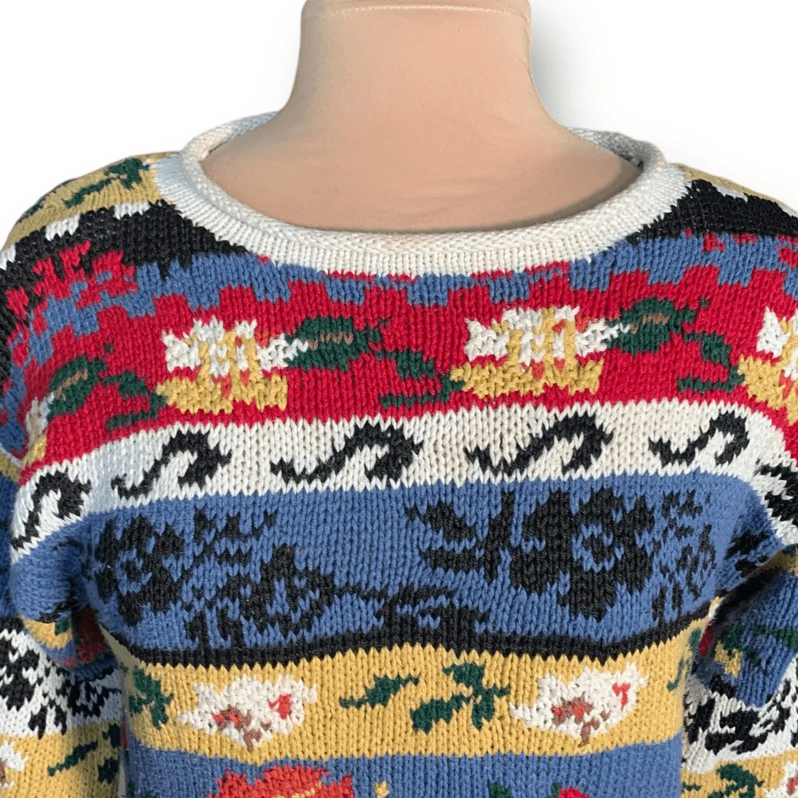 Vintage 90s Forenza Floral Stripe Knit Sweater Blue Red Oatmeal Small Eclectic - Image 3