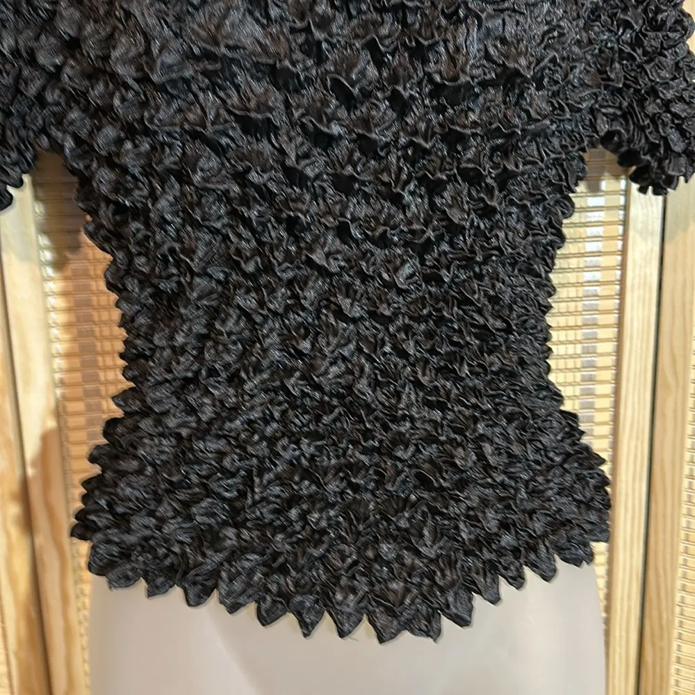 Vintage No Tags at All Black Cropped Silk Feel Stretchy Ruffled Short Sleeve Top Size undefined - Image 3