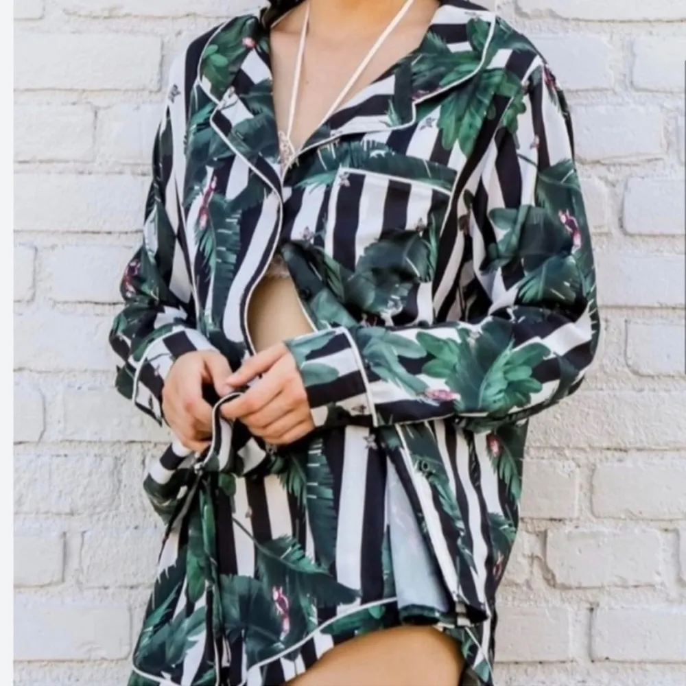 Revolve  Plush Tropical Black White Striped Shirt and Short Sleep Set Leaf Print - Image 11