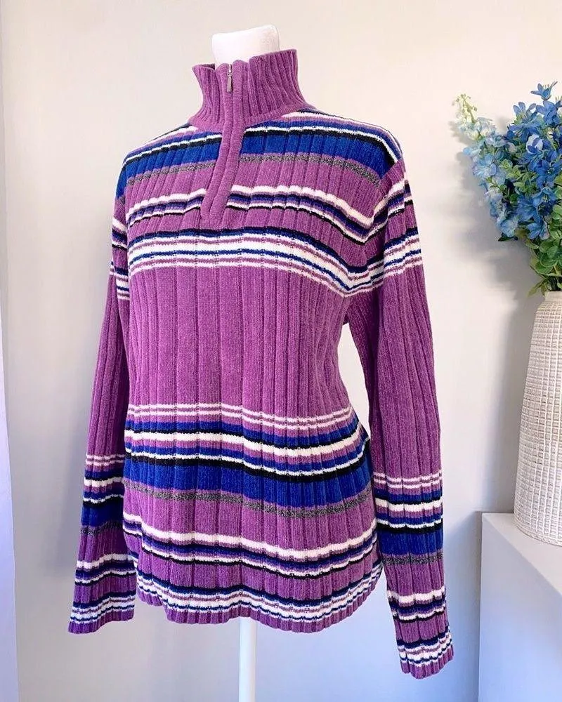 Karen Scott Vintage Y2K Striped Zip-Collar Turtleneck Sweater - Image 2