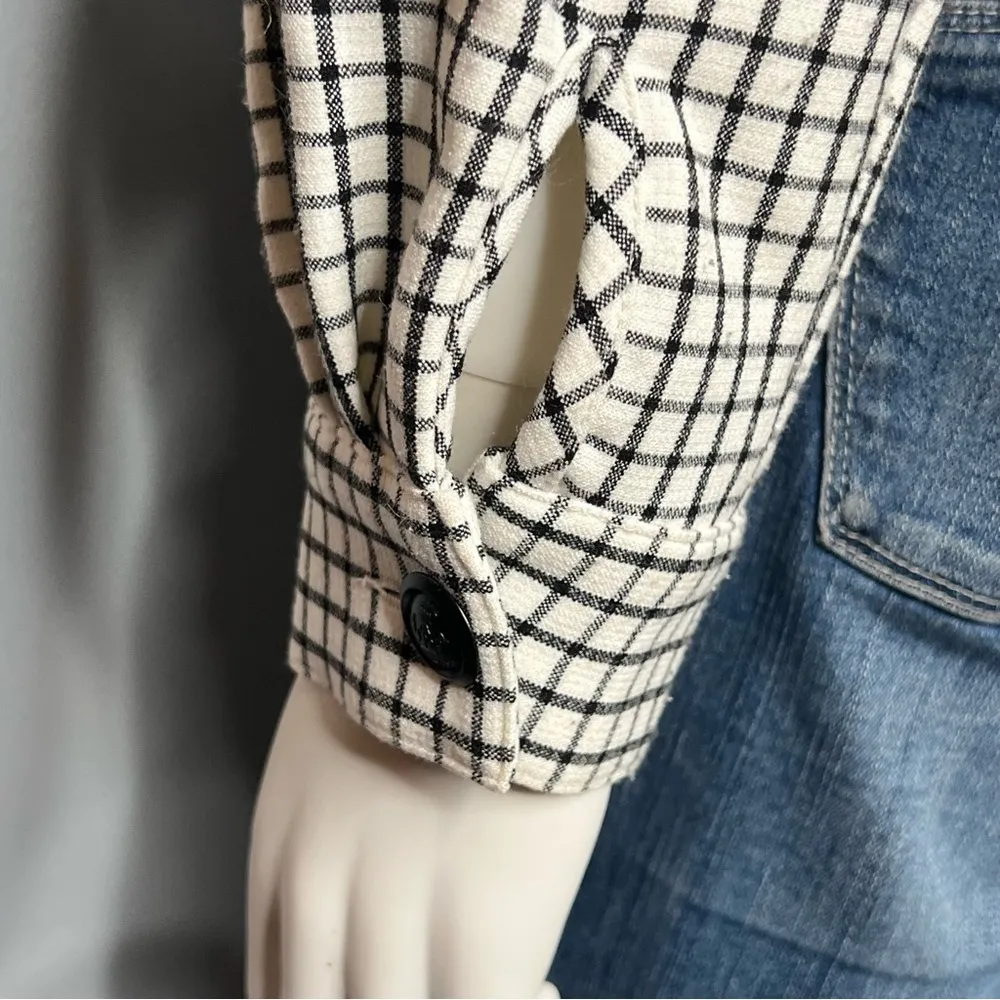 Cabi Checkered Grid Button Front Blouse Top Black White High Neck Asymmetrical M - Image 4