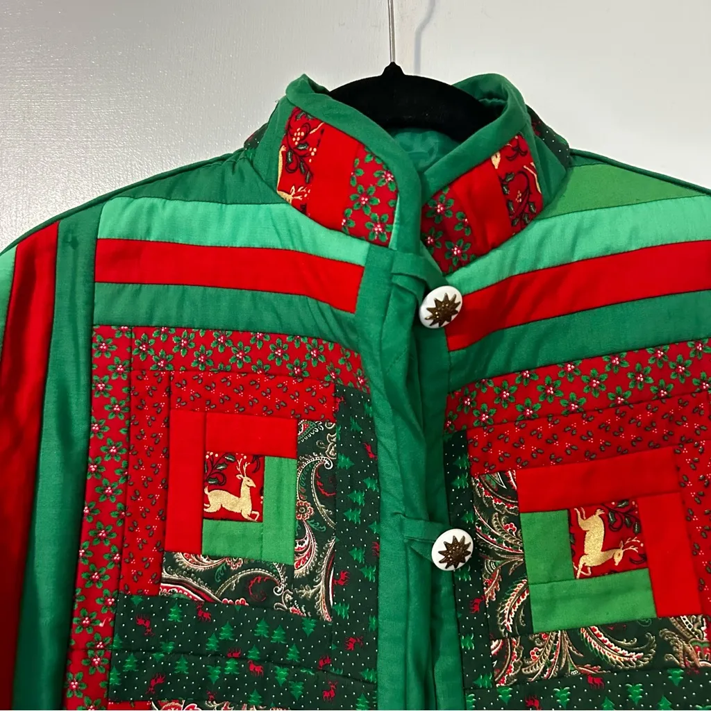 Vintage Handmade Chinese Quilted Christmas Deer Coat Womens Red Green Size M - Image 2