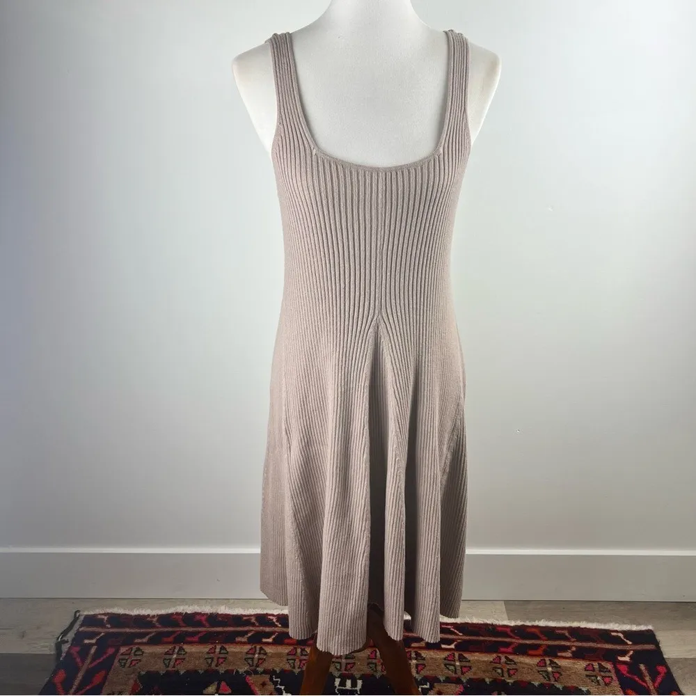 Stitchdrop Mocha Cream Ribbed Neutral Knit Dress Minimalist Academia Sleeveless Tan Size L - Image 7