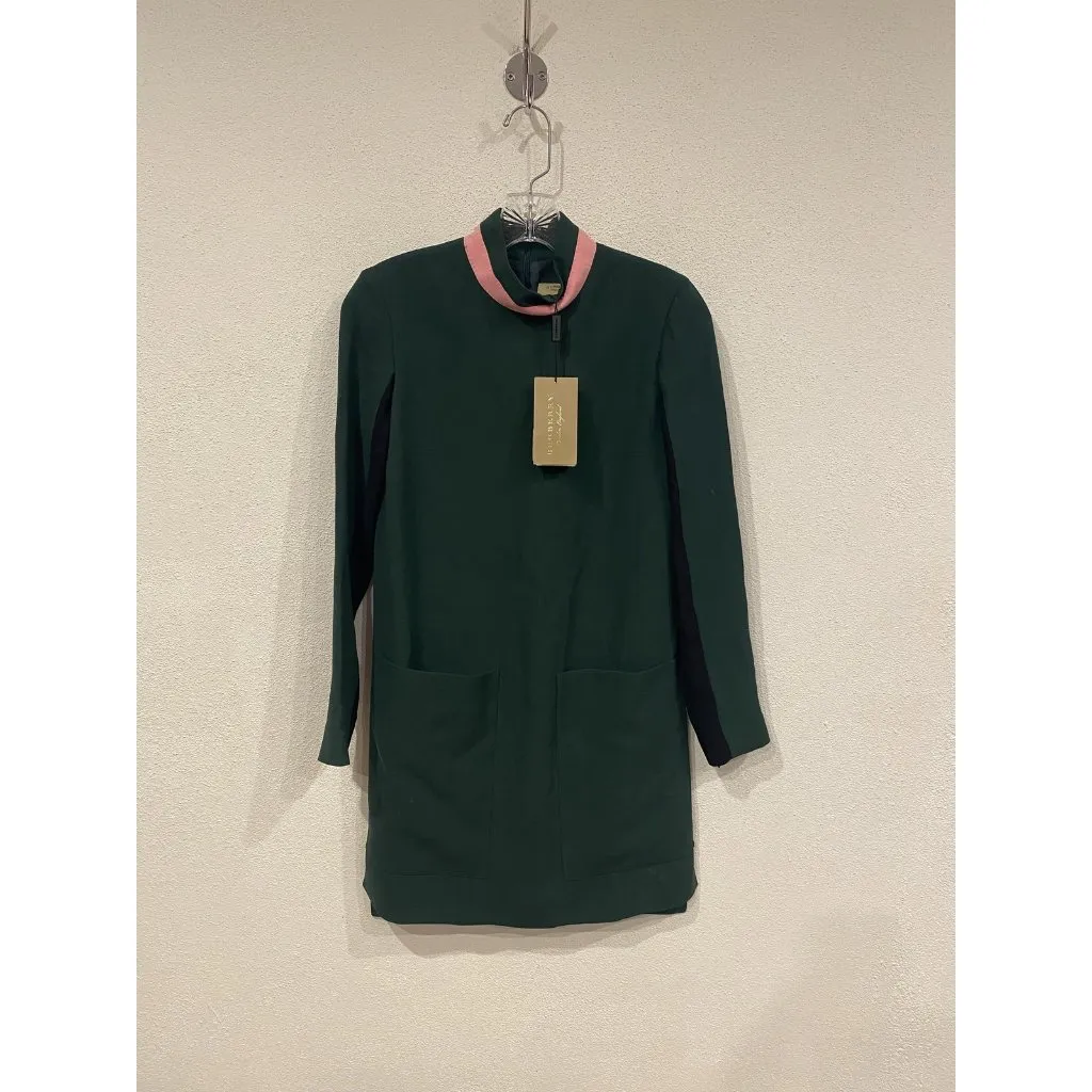 Burberry Dress Womens US 0 Dark Forest Green Zoya Pink Collar Long Sleeve Shift - Image 2