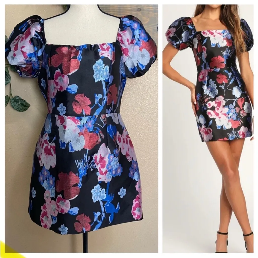 Lulus So Stunning Black Multi Floral Jacquard Puff Sleeve Mini Dress - Image 2