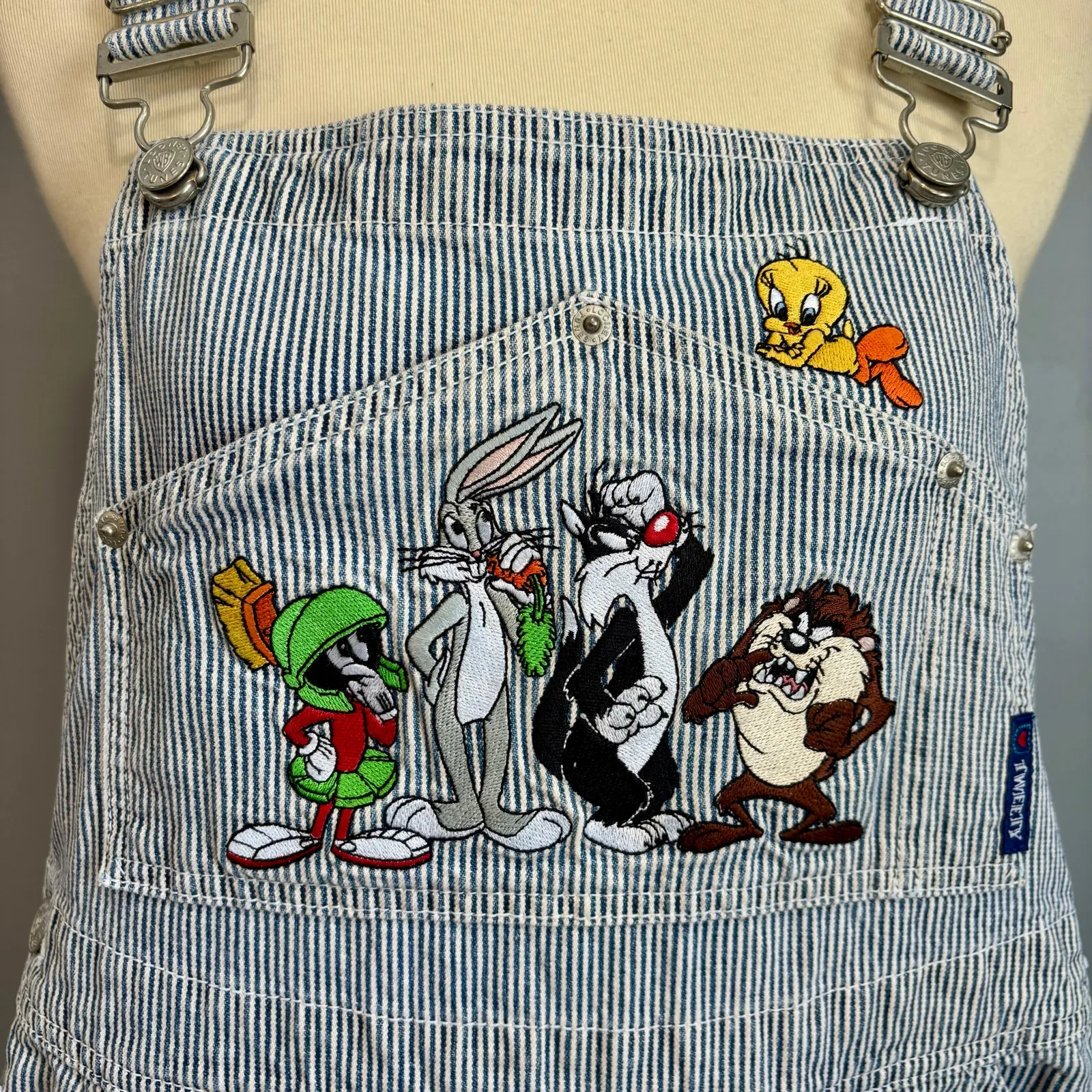 VTG 90s Warner Bros Looney Tunes Characters Pinstripe Overalls Denim, Size M - Image 2