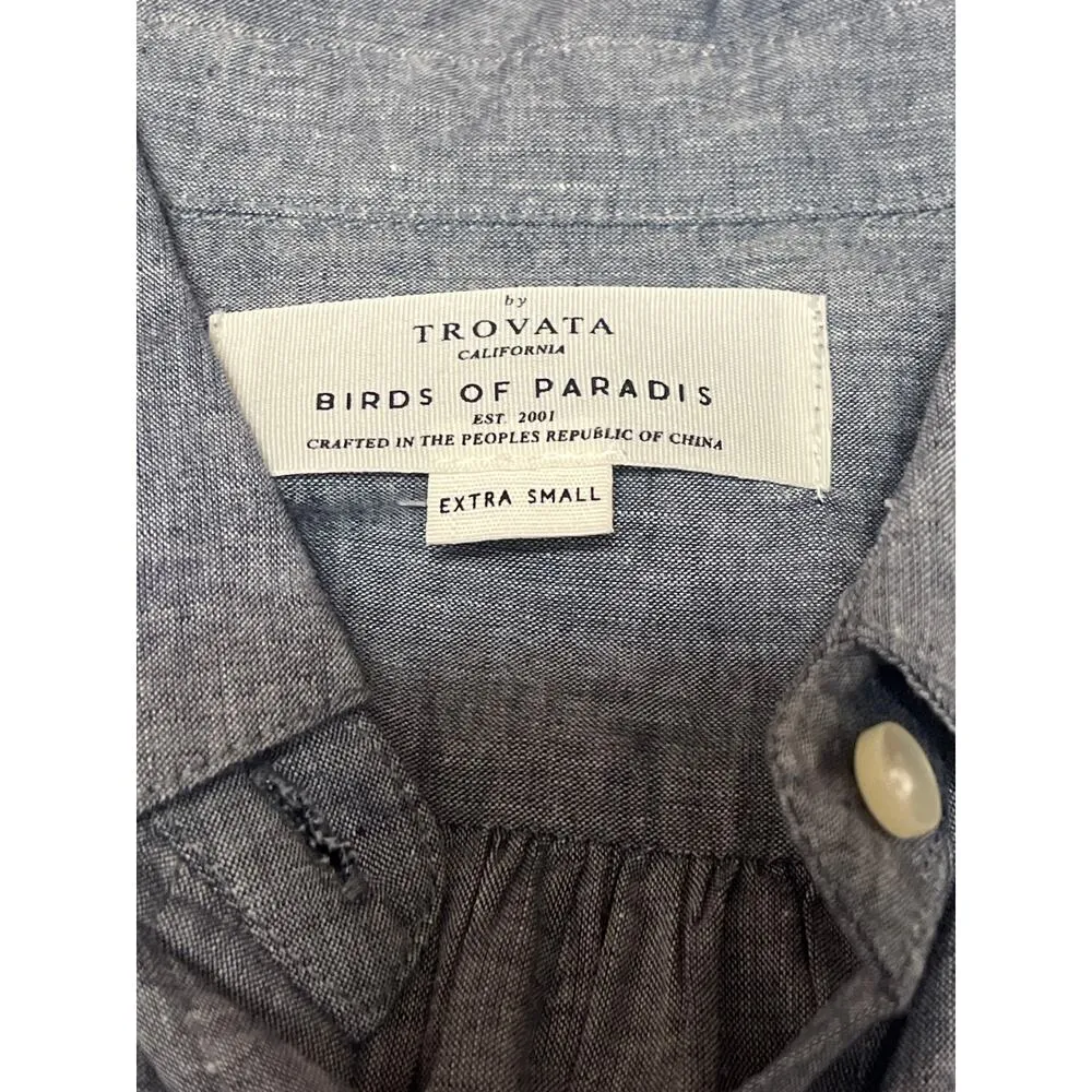 TROVATA Birds of Paradis Blue Linen Short Sleeve Belted Button Up Shirt Dress XS - Image 4