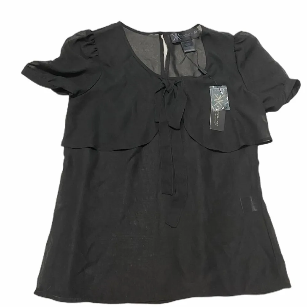 Kardashian Kollection Sheer Tie Bow Front Top Blouse Keyhole Back Black Medium - Image 8
