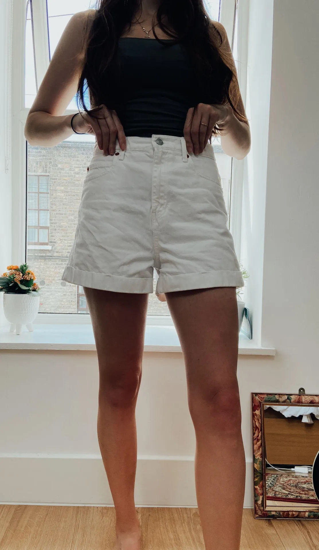 High Waisted White Denim Shorts - Image 2