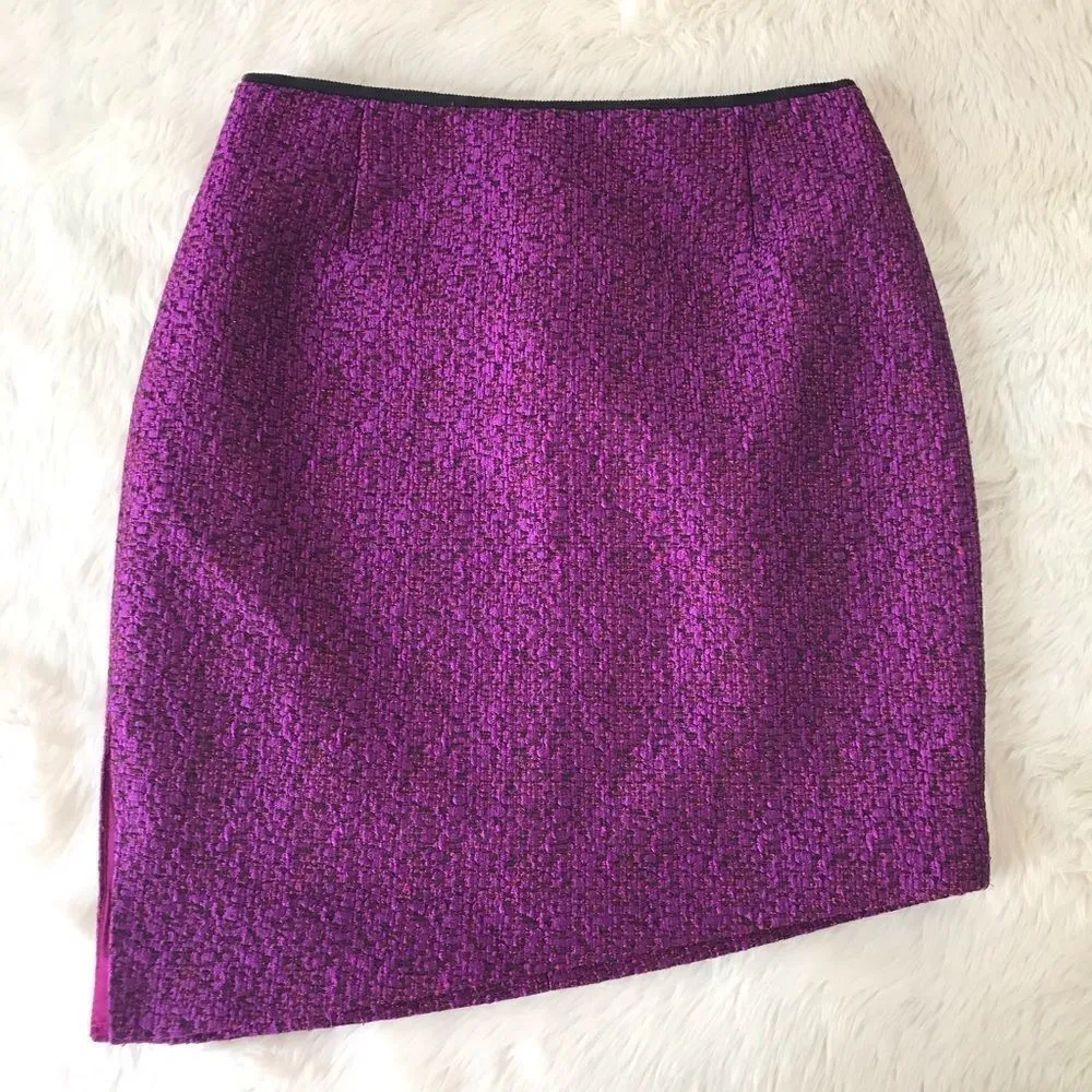 ELIE‎ TAHARI Purple Metallic Tweed Pencil Skirt Mini Wool Asymmetrical Size 2 - Image 3