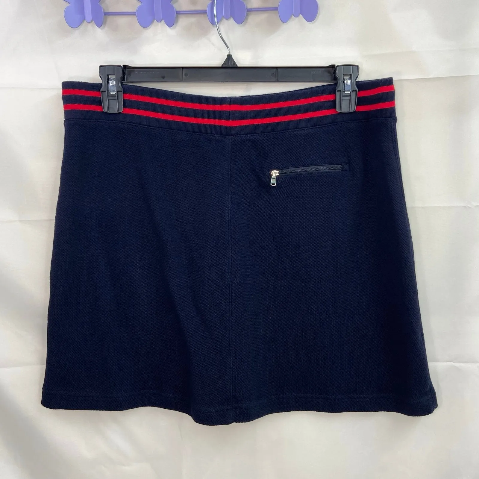 CHAPS  women's pull on navy striped drawstring cotton stretch knee skirt casual L - Image 4