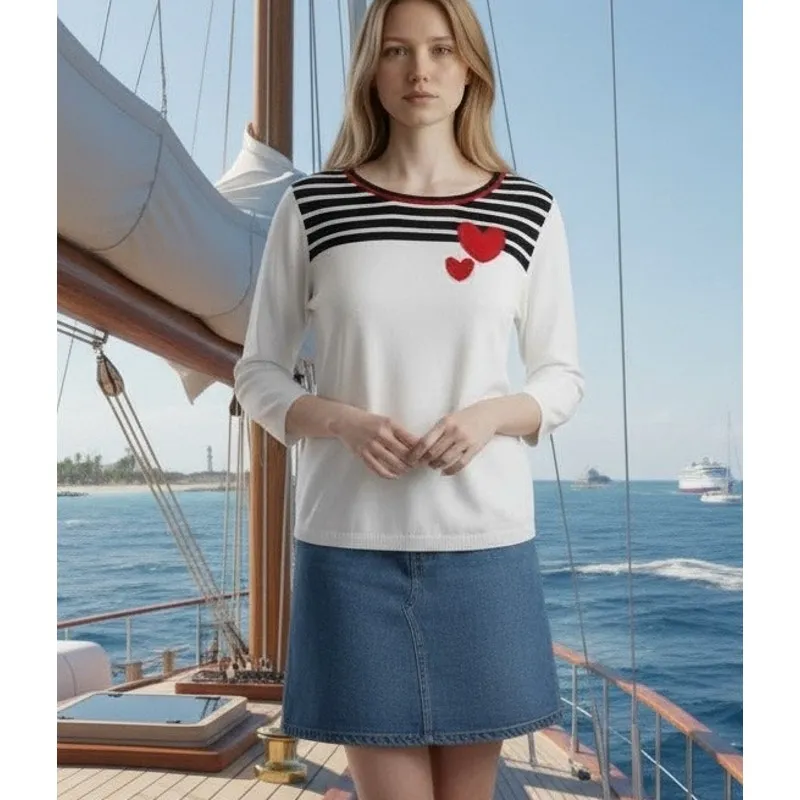 Kim Rogers Sweater Top White w/ Stripes Hearts SZ XL Cotton Valentines Nautical - Image 12
