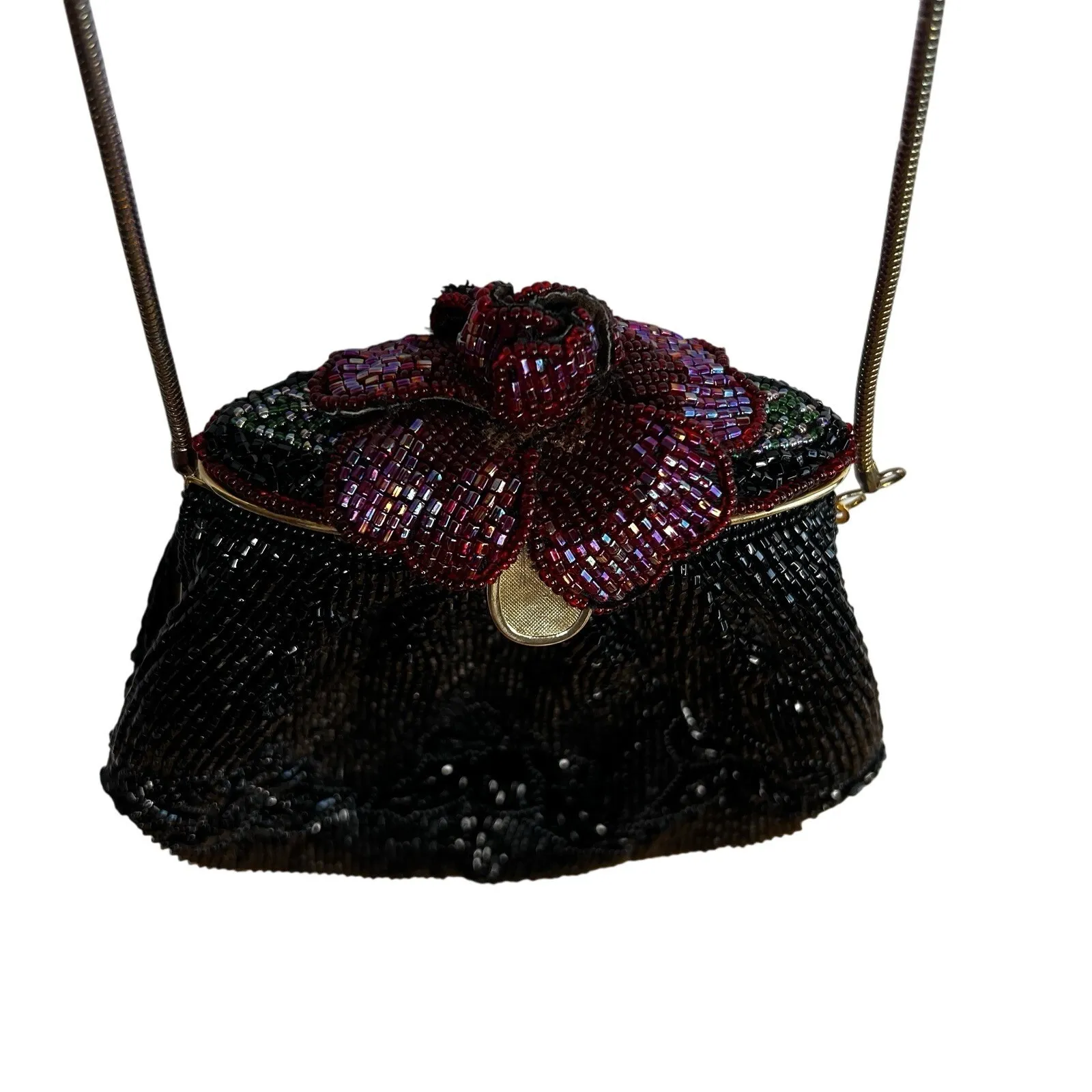 Vintage Handmade Black‎ Beaded Cross Body Bag Purse Evening Gold Strap Clutch Black - Image 3