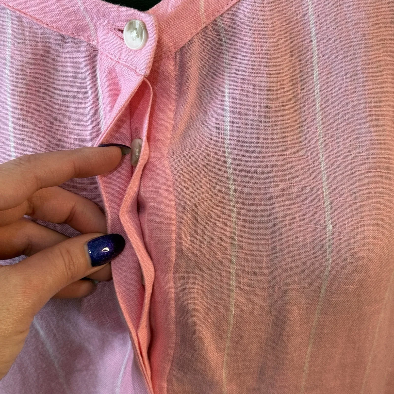 M&S Pure Linen Pink Striped Plus Size‎ Long Sleeve Shirt Breathable, Size 14 - Image 3