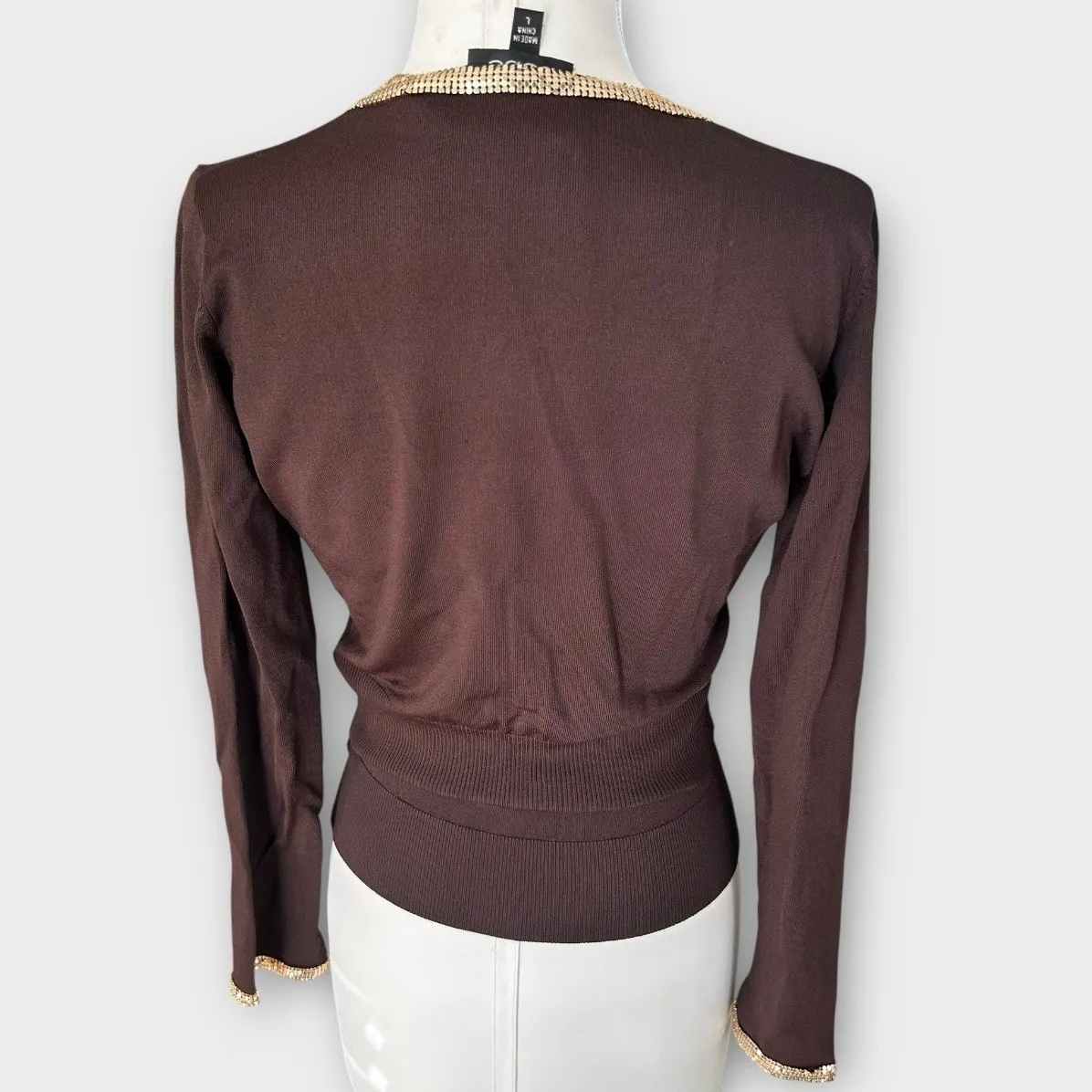 Vintage Y2K bebe Halter Top & Cardigan Set with Gold Chain Trim Brown Sz S/M - Image 16