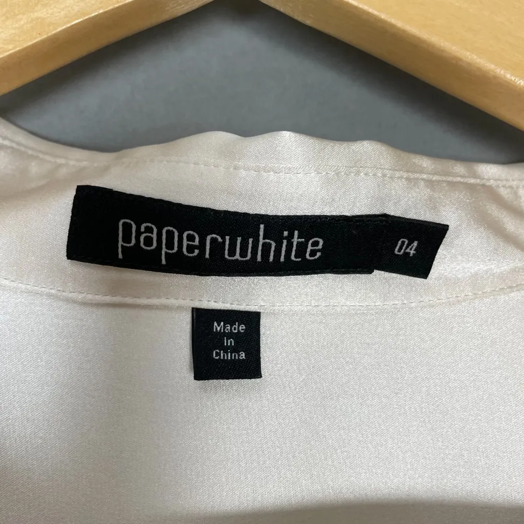 Paperwhite Silk Blouse‎ Stretch Cream White Size 4 Top Ruffle Collar Button - Image 3