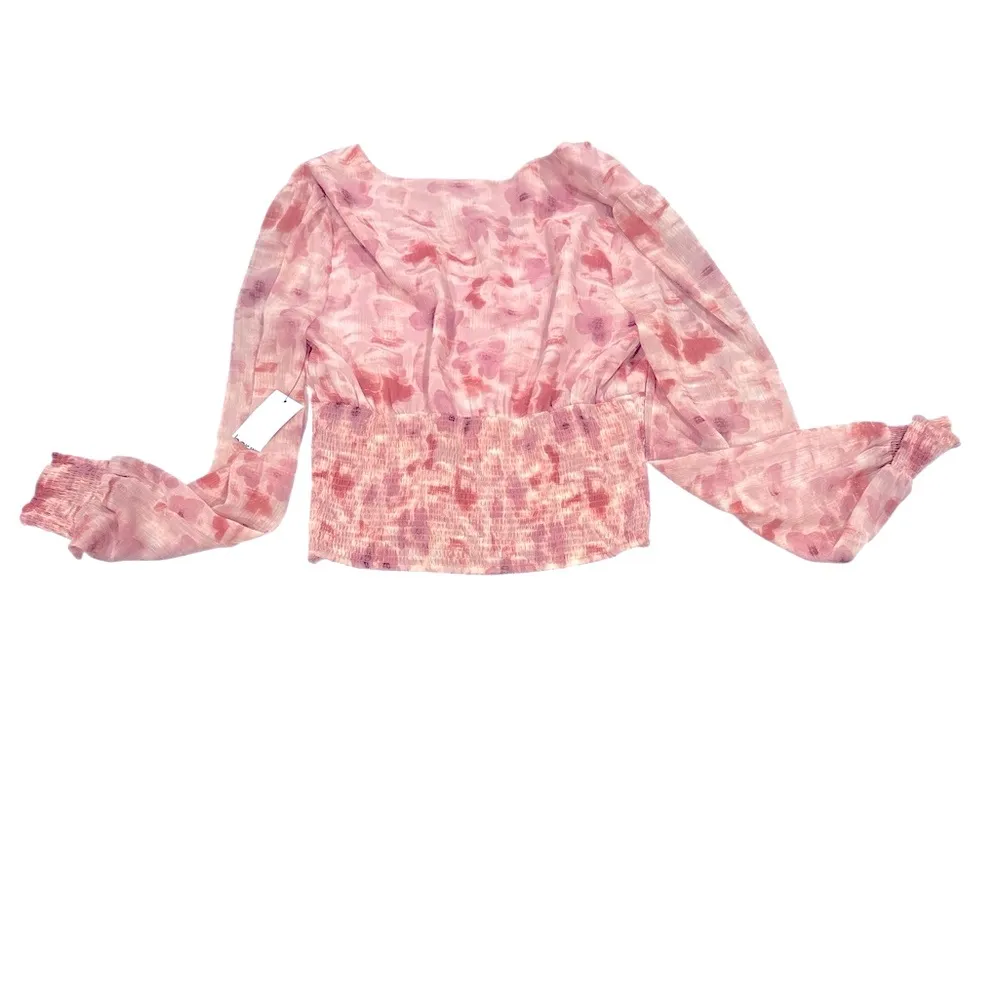 BAR III CROPPED LONG SLEEVE SMOCKED ETHEREAL EARTH PINK FLORAL TOP S - Image 3