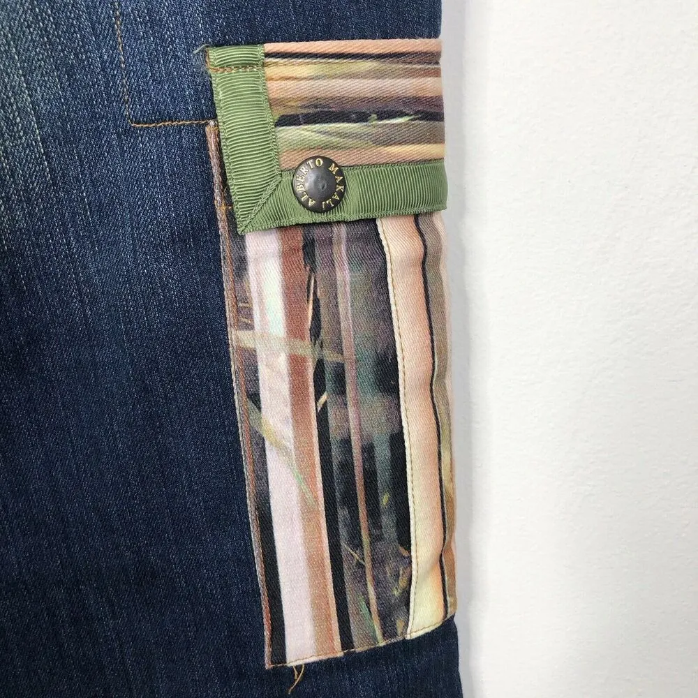 NEW ALBERTO MAKALI Dark Wash Cropped Jeans Striped Cargo Pockets & Trim Sz 14 - Image 8